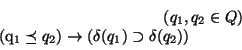 \begin{displaymath}(q_1,q_2\in{Q})\and(q_1\preceq{q_2})\rightarrow{(\delta(q_1)\supset{\delta(q_2)})}\end{displaymath}